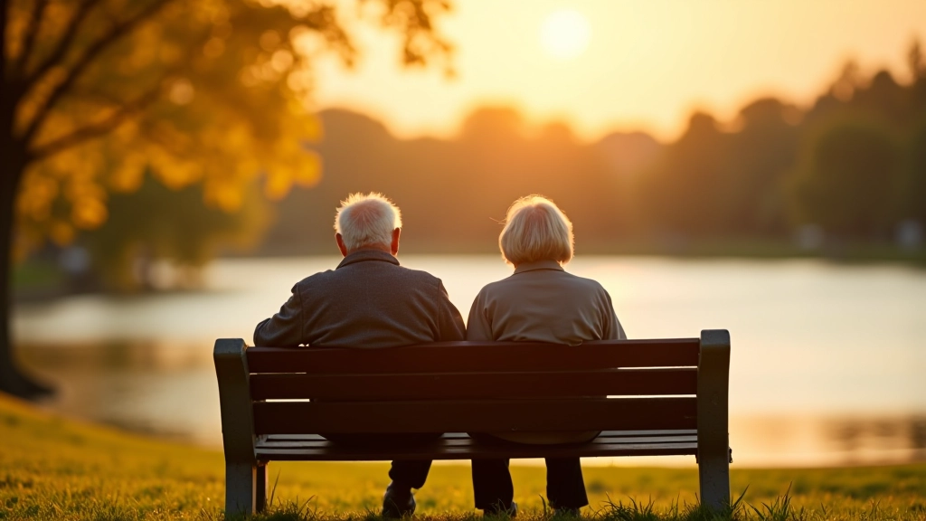 Skaists senioru pāris sēž uz parka solīša, skatoties uz Jūrmalu un putnus debesīs