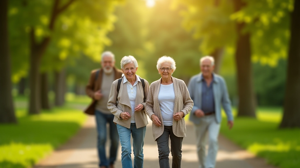 Seniori pastaigā Jūrmalas parkā saulainā dienā, mājīga atmosfēra, grupas spēks, laime un veselība