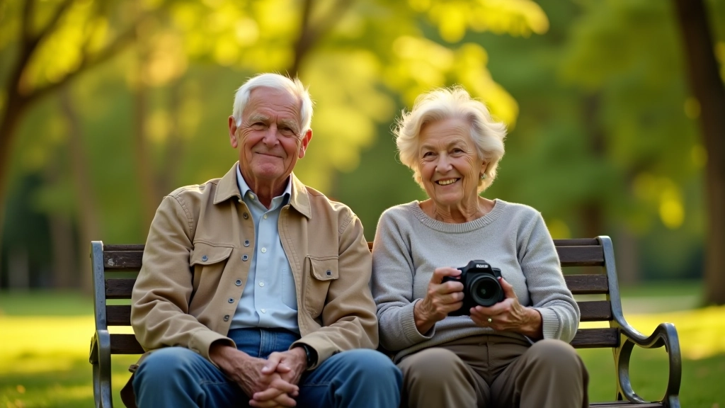 Divi seniori sēž uz parka soliem un fotografē putnus ar fotoaparātu
